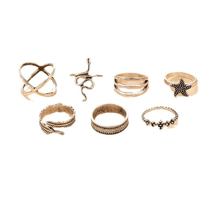 Vintage cross starfish feather ring, geometric snake element flower seven-piece set