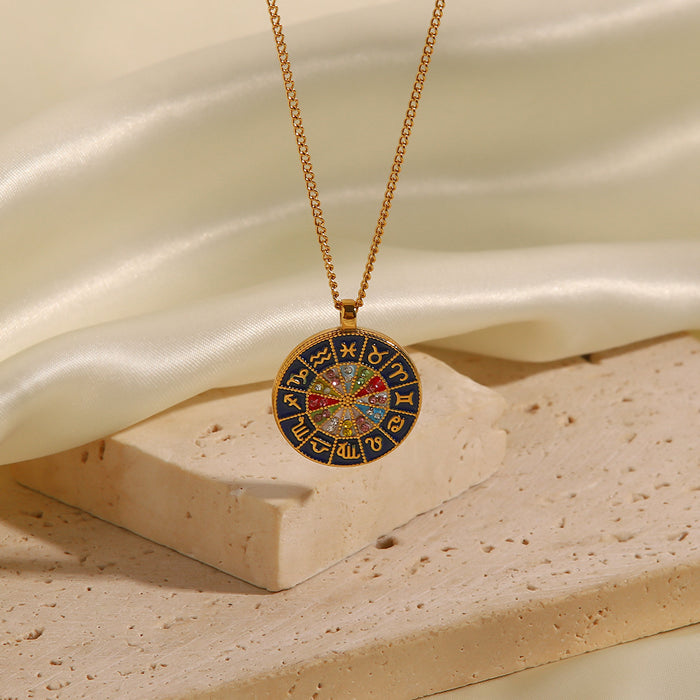 Trendy Non-Fading Titanium Steel Necklace - Zodiac Sign with Dripping Oil and Inlaid Zircon Pendant