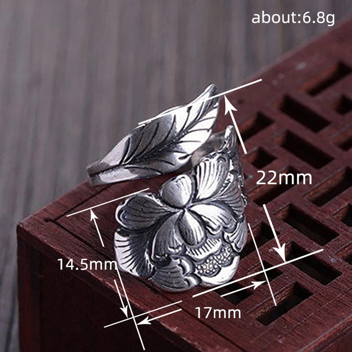 Peony flower open ring retro style national beauty female ring