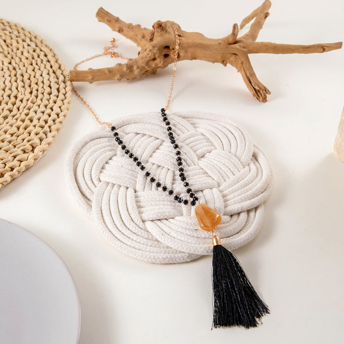 Geometric Beaded Long Necklace with Tassel Pendant