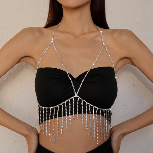 Exaggerated Bikini Body Chain - European Single-Row Rhinestone Tassel Necklace for a Sexy Beach Look