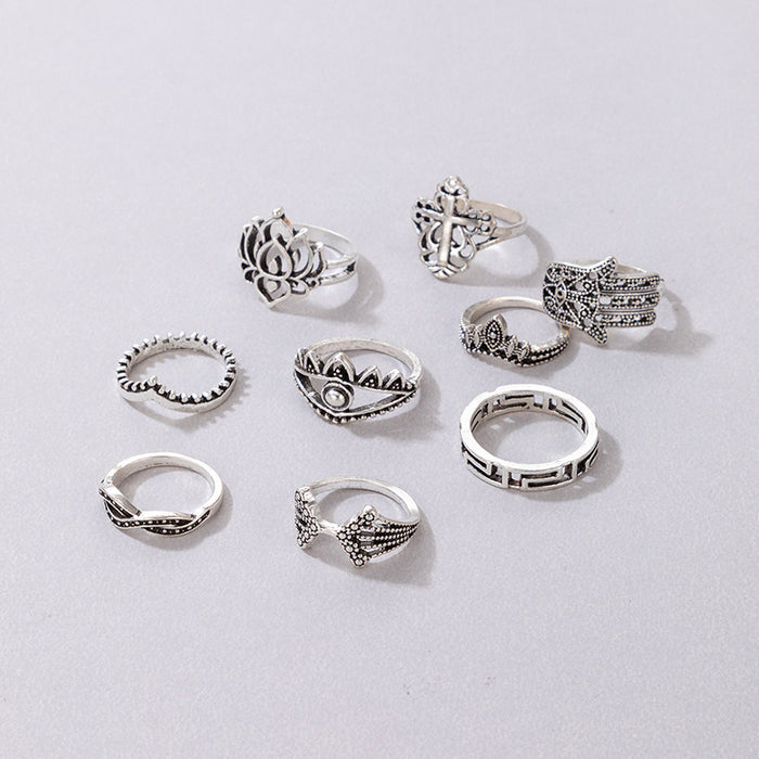 Retro style lotus totem cross nine-piece ring set all-match