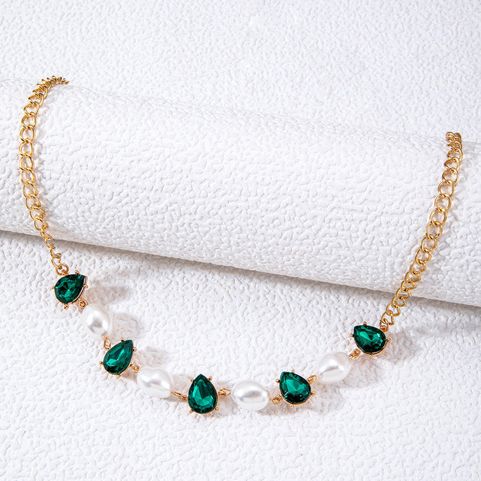 Baroque Pearl Necklace with Emerald Gemstone Inlay - Geometric Water Drop Pendant for Women