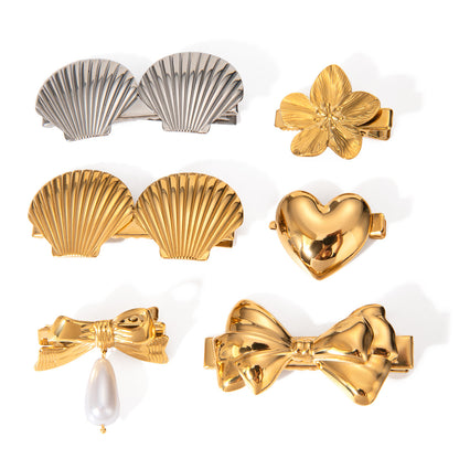 Stainless Steel Shell Hair Clip - High-End Metal Bangs and Stray Hair Clip with Bowknot