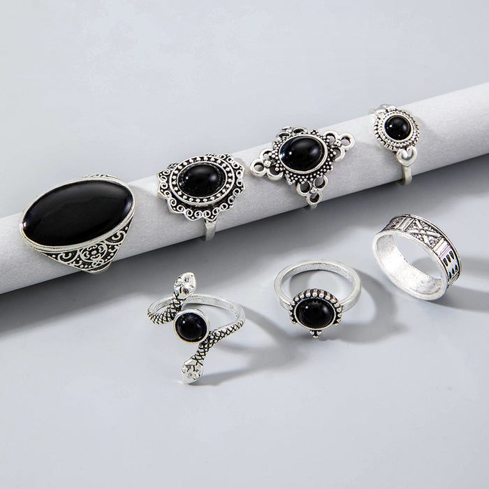 Vintage Black Gemstone Ring Set - 7pcs Dark Gothic Snake Oval Rings