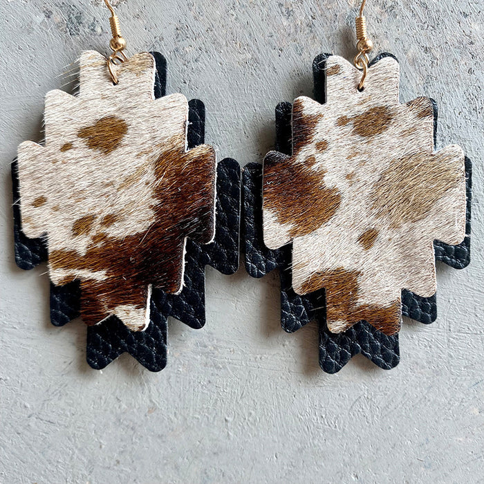 Western Cowboy Earrings with Double-Layer Aztec and Cowhide Design