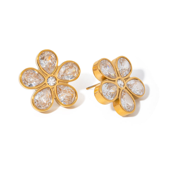 18K Gold Stainless Steel Zircon Flower Earrings - Minimalist High-End Titanium Steel Jewelry