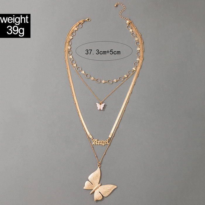 Geometric Round Ring Clavicle Chain with Pink Butterfly Pendant and Angel Letter Four-Layer Necklace