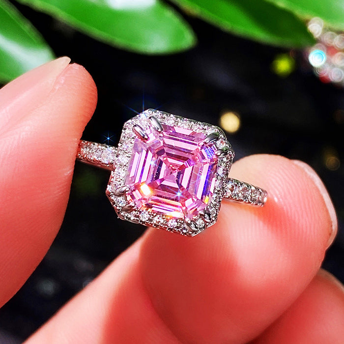 Square pink diamond princess ring micro-studded diamond women's ring