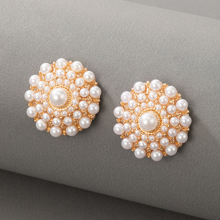 Baroque pearl round flower alloy earrings