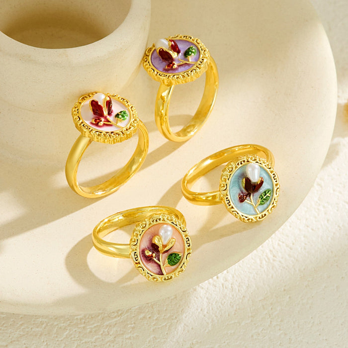 Wholesale copper micro-inlaid enamel painted drip flower open ring