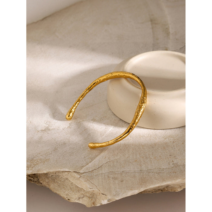 18K Gold Plated Stainless Steel Textured Open Cuff Bracelet - Minimalist Fashion Jewelry