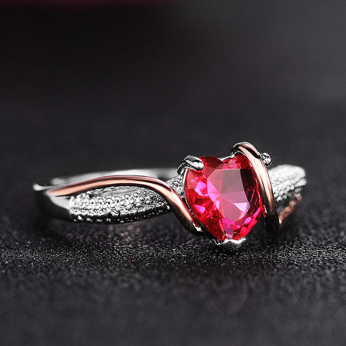 Anillo de compromiso con circonita en forma de corazón rojo, con baño de galvanoplastia de dos colores