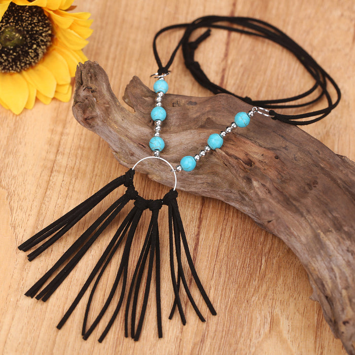 Turquoise Leather Fringe Necklace with Vintage Bohemian and Korean Velvet Details - wallojewerly 