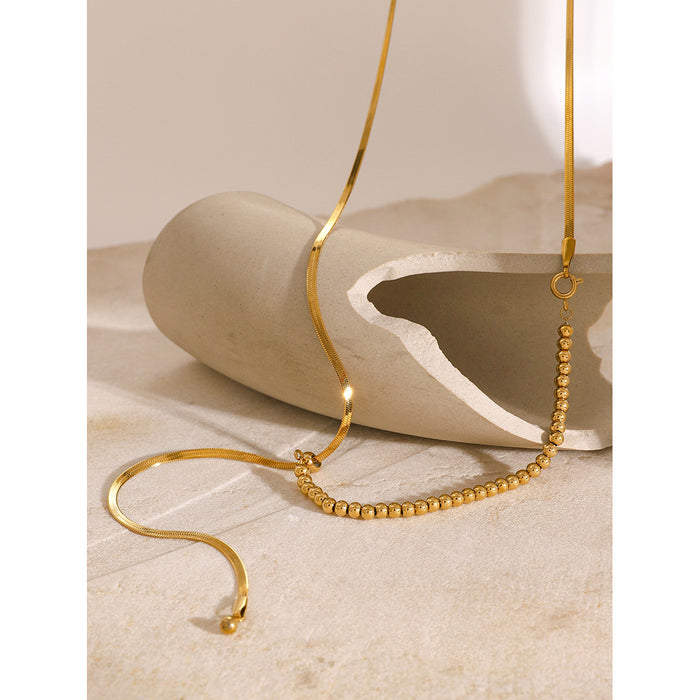 Minimalist 18K Gold-Plated Stainless Steel Snake Bone Y-Chain Necklace with Sliding Bead Clasp - Silver Tone