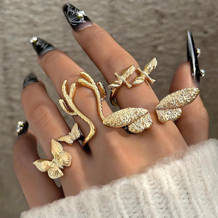 Butterfly and Antler Ring Set - 4-Piece Gold-Toned Bird Wing Rings