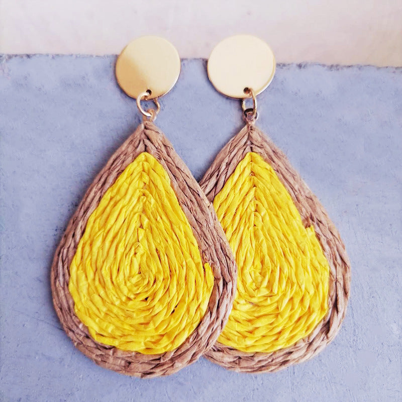 Handwoven Raffia Tassel Earrings in a Waterdrop Shape, Perfect for Colorful Summer Vacations