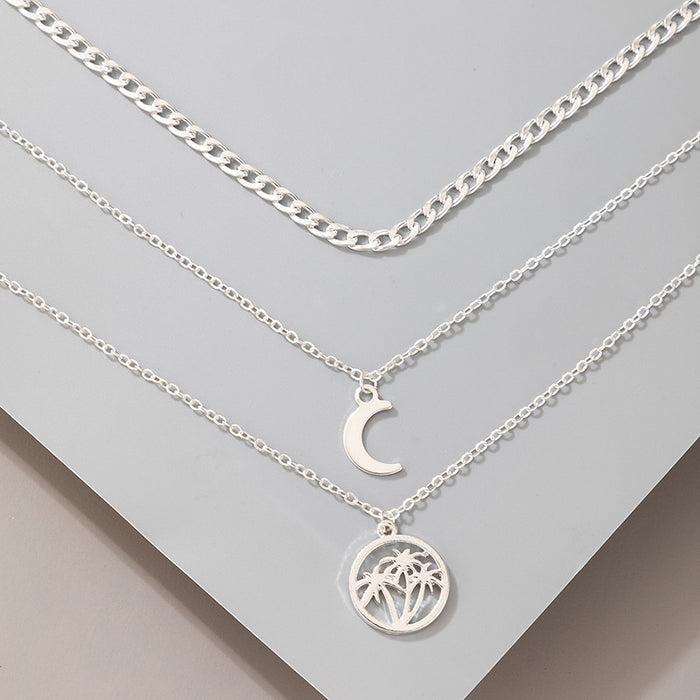 Trendy Metal Moon and Coconut Tree Necklace – Three-Layer Alloy Chain