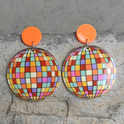 Retro Disco Ball Heart and Eye Earrings with Rainbow Design - wallojewerly 