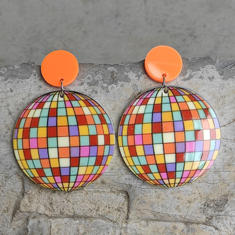 Retro Disco Ball Heart and Eye Earrings with Rainbow Design - wallojewerly 