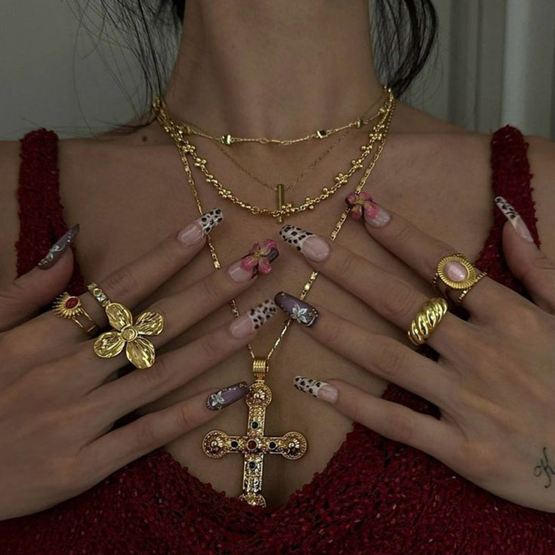 Stainless steel diamond cross necklace fashion sweater chain titanium steel necklace - wallojewerly 