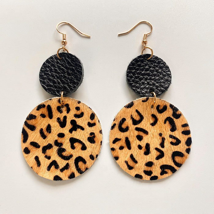 Dark Leopard Patchwork Leather Earrings with Creative Geometric Design