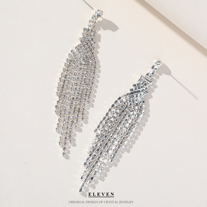 Multiple Tassel Rhinestone Earrings - Long and Slimming Statement Jewelry for Women