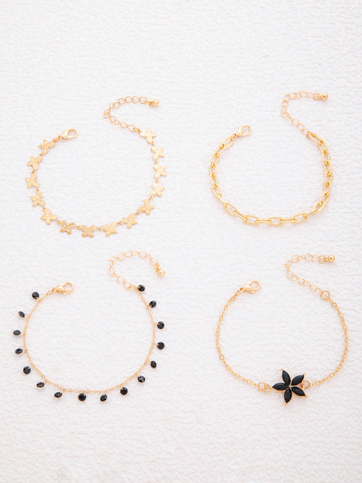 Black Rhinestone Petal Bracelet Set - Five-Piece Sweet Punk Jewelry