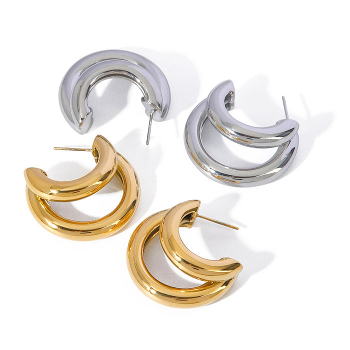 18K Gold Plated Stainless Steel Double Layered C-Shape Earrings - Fashionable Jewelry