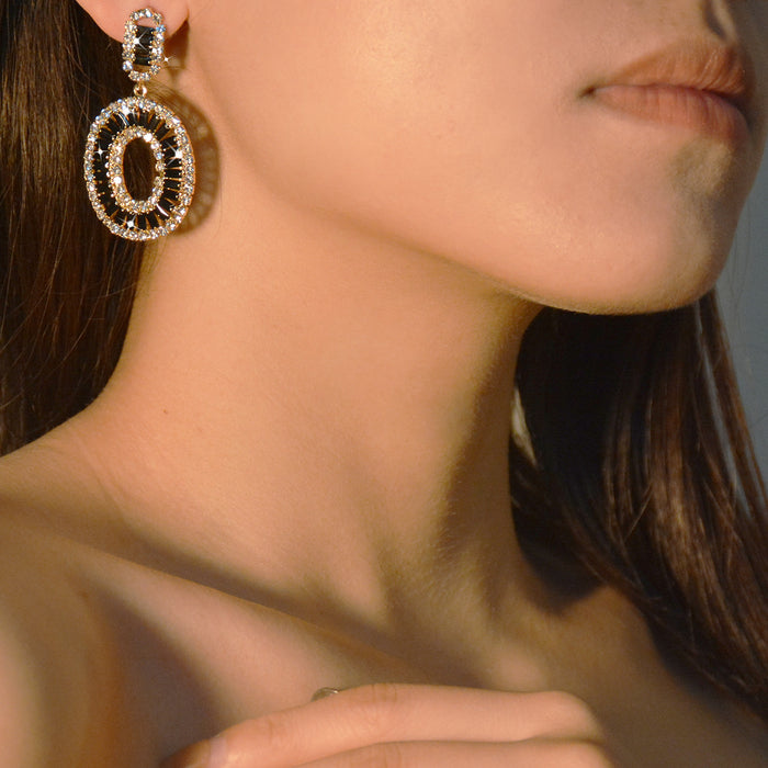 Silver Zircon Oval Earrings - Vintage Exaggerated Studs for a Luxurious Look