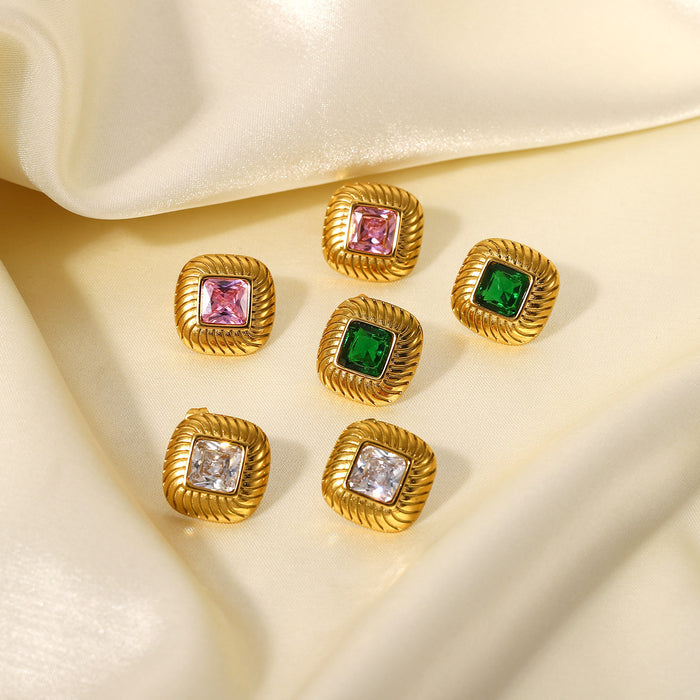 18K Gold Plated Square Button Colored Zircon Stud Earrings - Green/White/Pink Cubic Zirconia Jewelry for Women