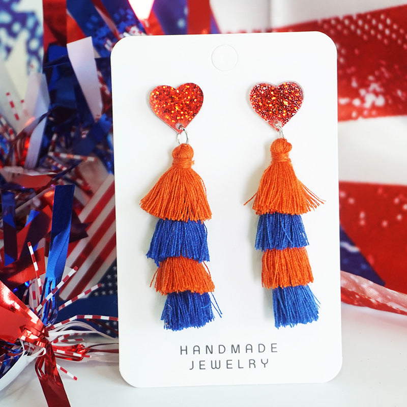 Independence Day Multi-Layer Tassel Heart Earrings with Cheerleader Design