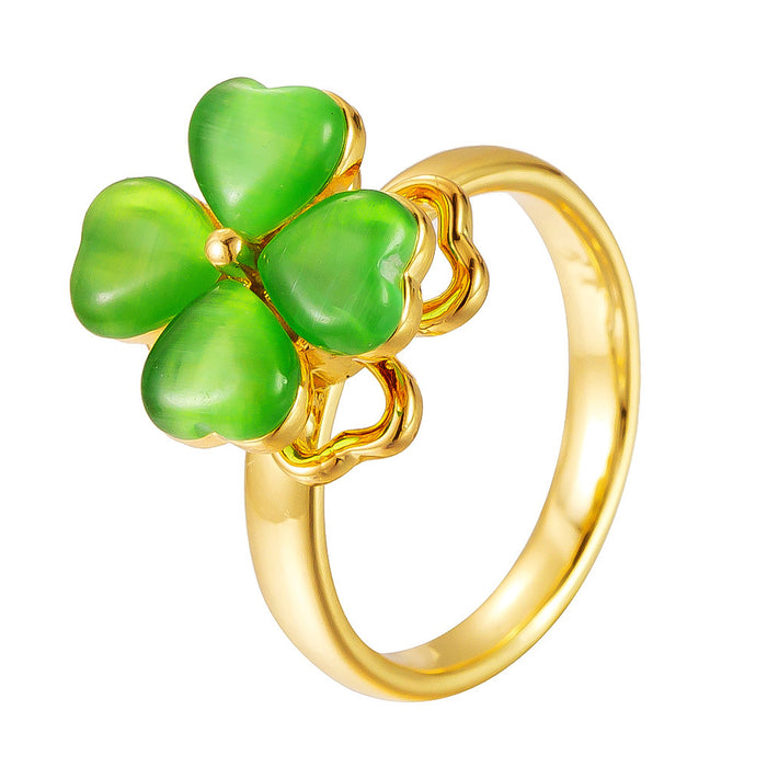 Wholesale green cat's eye four-leaf clover rotating opening ring