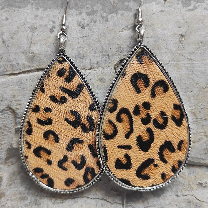 Textured Cowhide Leather Earrings with Leopard Print and Western Style