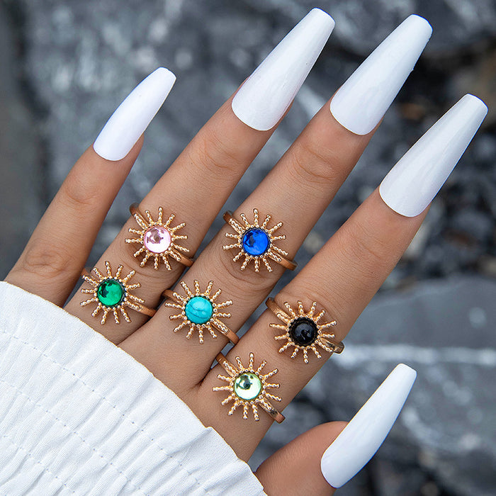 Colorful Gemstone Sun Ring Set - Trendy Turquoise Six-Piece Set for Women