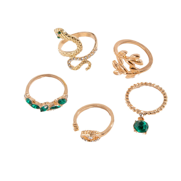 Creative Snake Eye Rhinestone Ring Set - Faux Green Gemstone Five-Piece Set