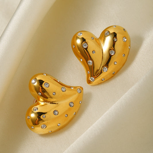 18K Gold Stainless Steel Heart Earrings - White Diamond Inlaid Jewelry