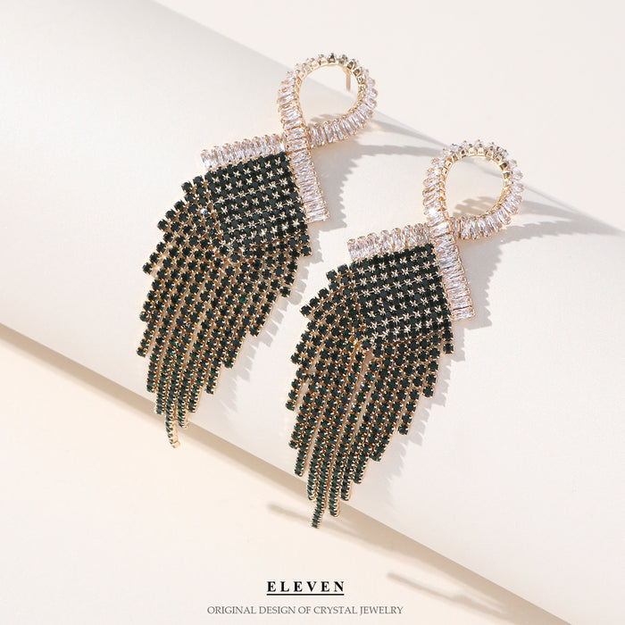Silver Needle Rhinestone Tassel Earrings - Exaggerated Vintage Dangles for a Bold Look - wallojewerly 