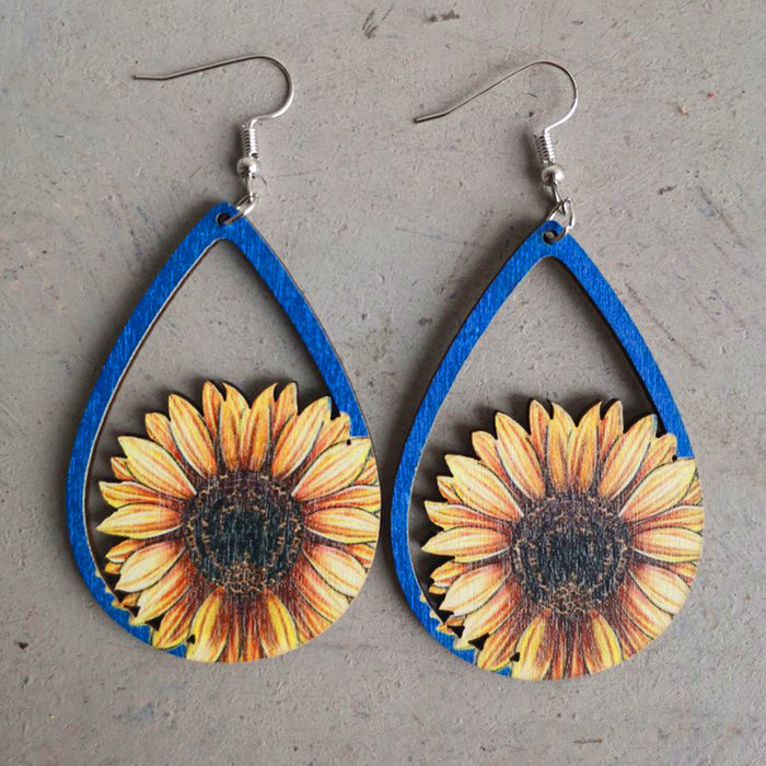 Wooden droplet sunflower earrings