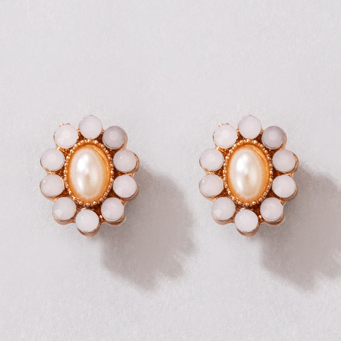 Pearl and diamond white pink geometric metal stud earrings