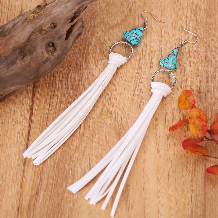 Vintage Long Turquoise Leather Tassel Earrings with Pastoral Style