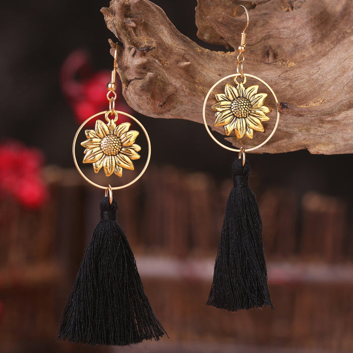 Bohemian Metal Sunflower Tassel Earrings with Geometric Bridal Design