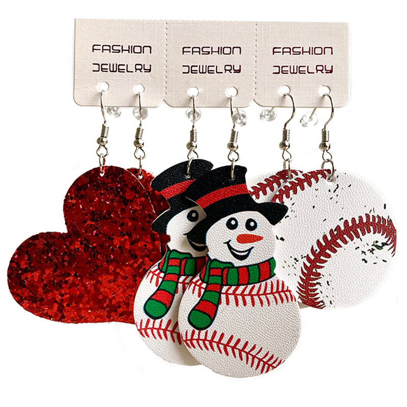 Christmas Western Cowboy PU Leather Teardrop Earrings with Sports and Snowman Design - wallojewerly 