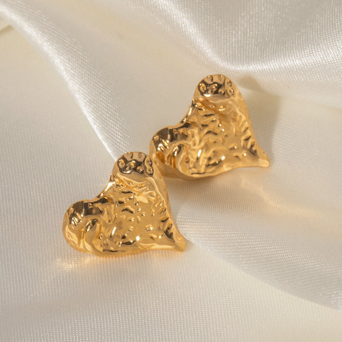 Pendientes con textura en forma de corazón de estilo europeo moderno: joyería de acero inoxidable bañada en oro de 18 quilates para mujer