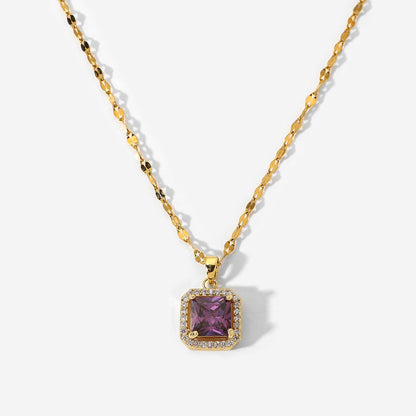 18K Gold-Plated Stainless Steel Necklace - Bezel-Set White Zircon and Purple Square Zircon Pendant