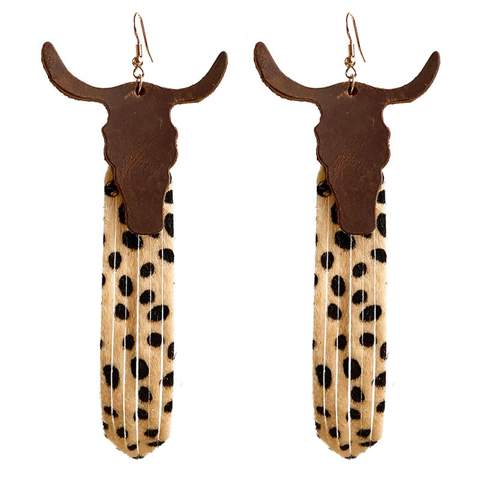 Western Cowboy Crazy Horse Leather Earrings with Bullhead Tassel Design