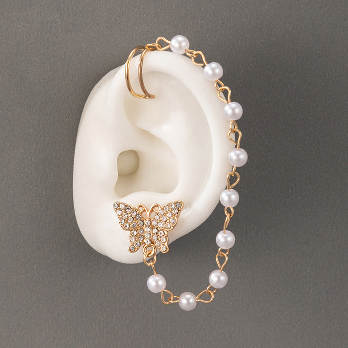 Exaggerated style butterfly diamond U-shaped pearl ear clip combination earrings