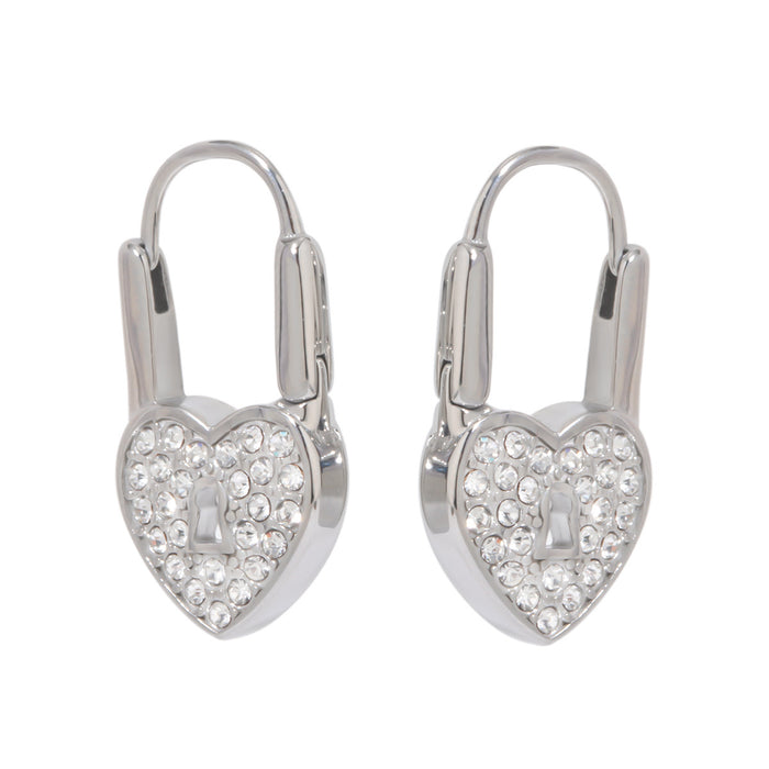 Stainless Steel Heart Lock Earrings - High-End Luxury Titanium Steel Earrings with Zircon Inlay