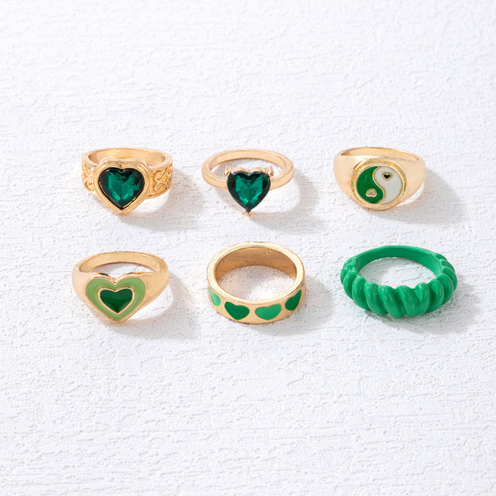 Oil drip green heart palm ring set