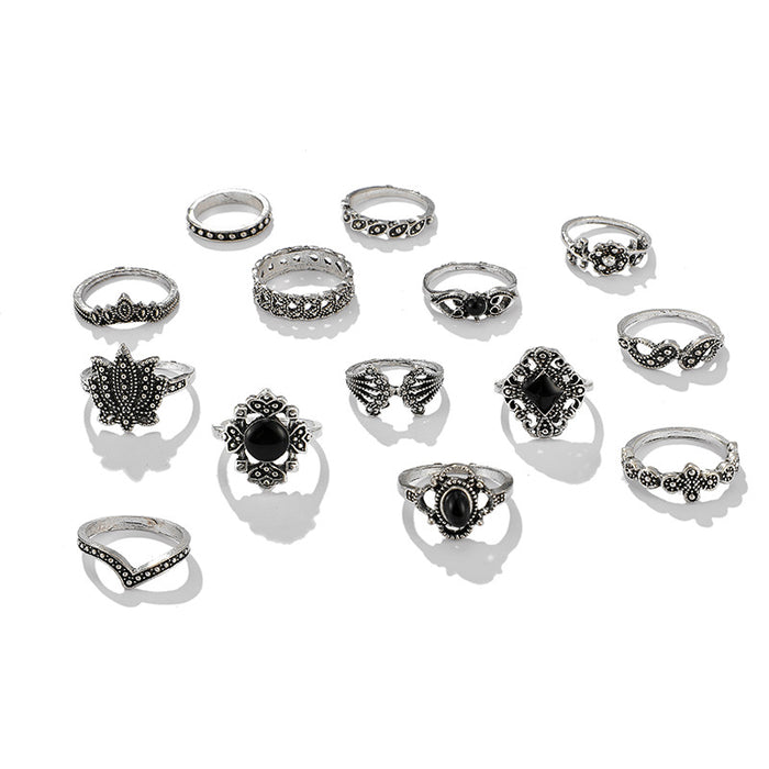 Black oil drip totem geometric lotus ring 14 pieces set